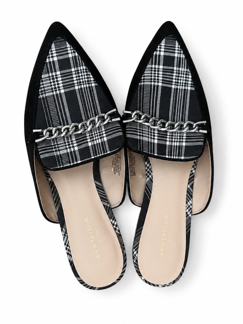 Ann‎ Taylor Factory Plaid Pointed Toe Mule Flats Women’s Size 7.5 Black White